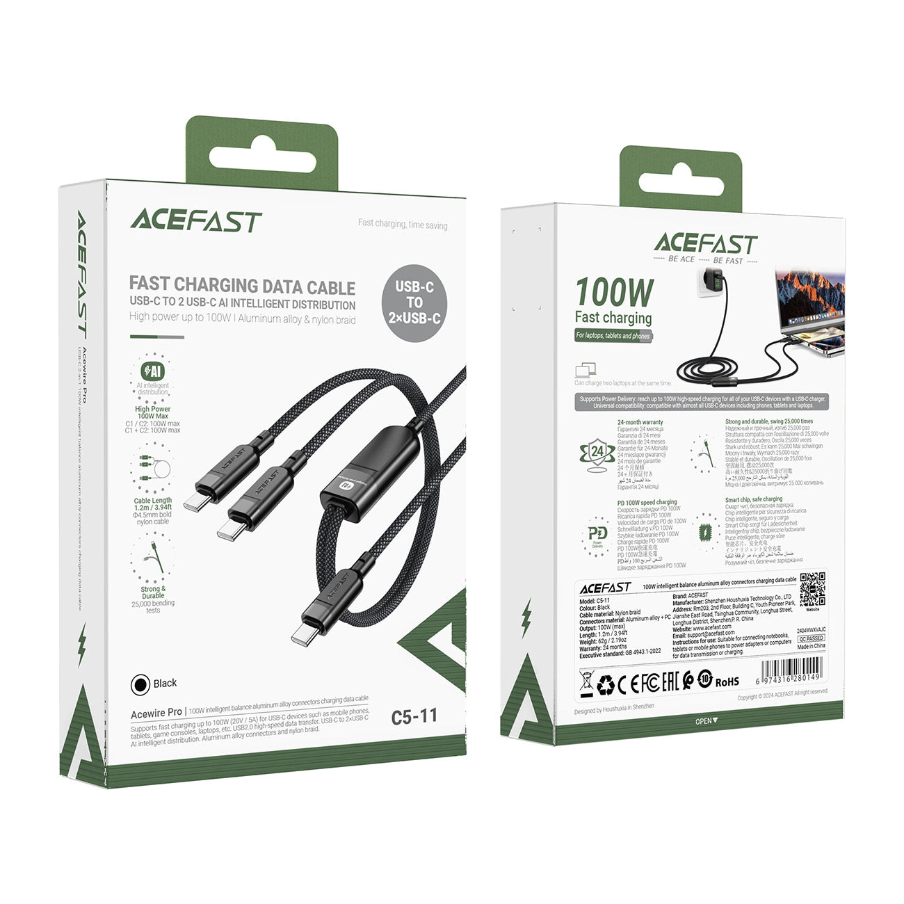 Acefast C5 USB-C – USB-C / USB-C 2in1 100 W 480 Mbit/s Kabel – Schwarz