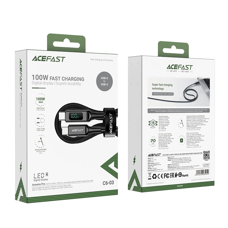 Acefast C6-03 Schwarz USB-C - USB-C PD QC-Kabel 100 W 5 A 480 Mbit/s 2 m – Schwarz