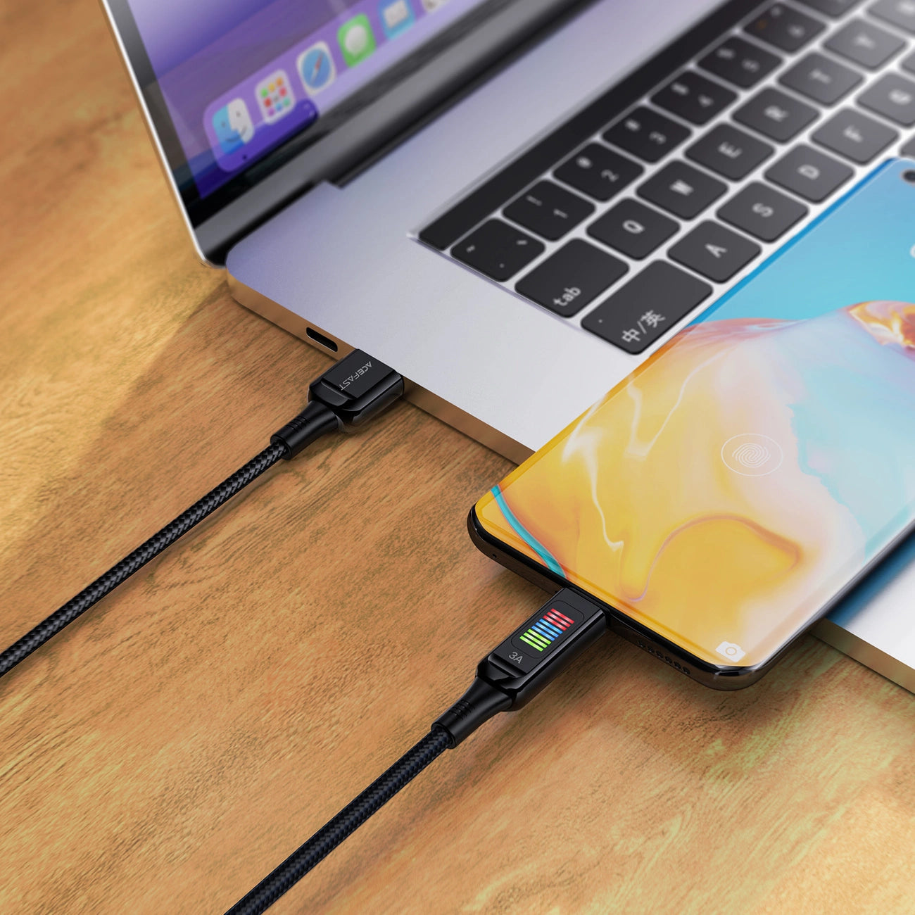 Acefast C7-04 USB-A USB-C 60 W 1,2 m Kabel mit Display – Schwarz