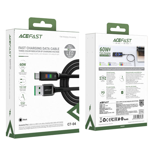 Acefast C7-04 USB-A USB-C 60 W 1,2 m Kabel mit Display – Schwarz