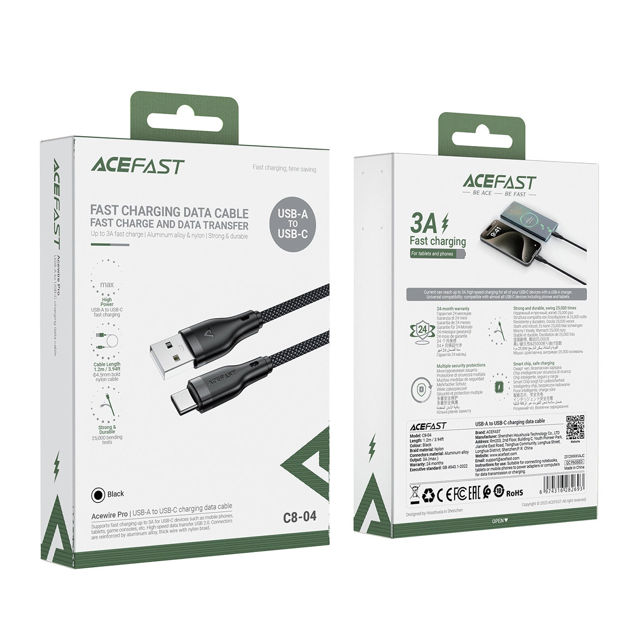 Acefast C8-04 USB-A / USB-C 3A 1.2m Kabel - schwarz