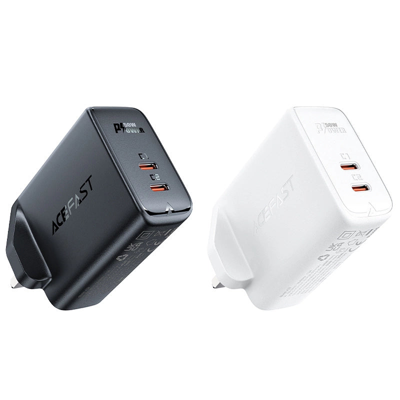 Acefast GaN-Ladegerät (UK-Stecker) 2x USB Typ C 50 W, Power Delivery, PPS, Q3 3.0, AFC, FCP (A32 UK)