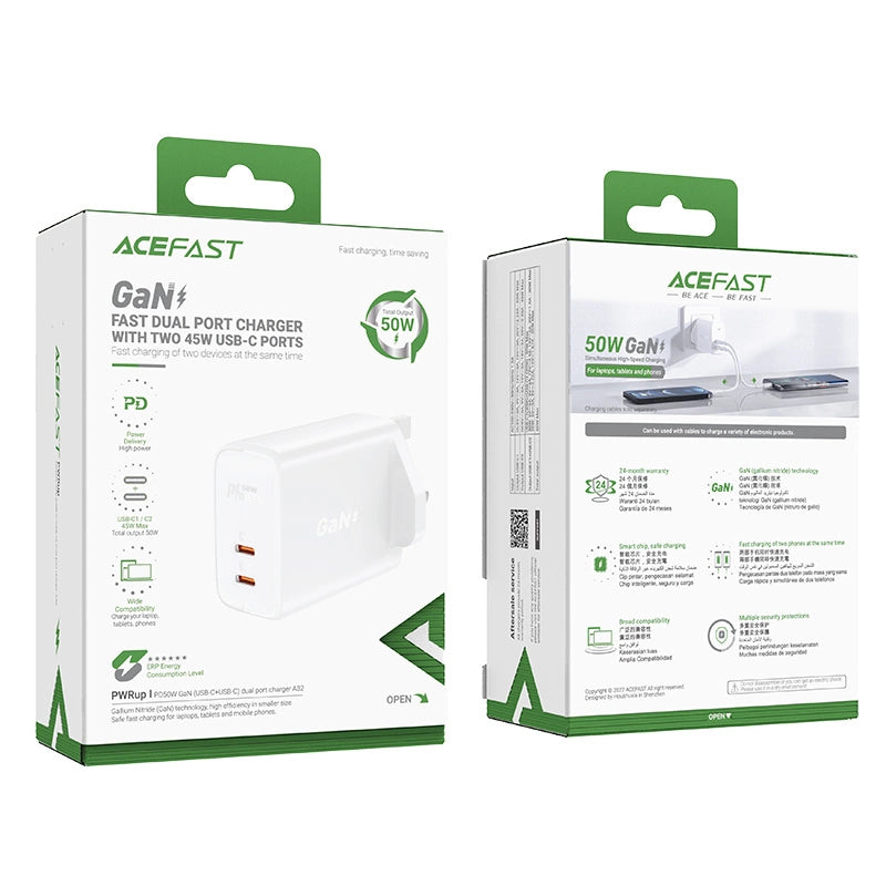 Acefast GaN-Ladegerät (UK-Stecker) 2x USB Typ C 50 W, Power Delivery, PPS, Q3 3.0, AFC, FCP (A32 UK)
