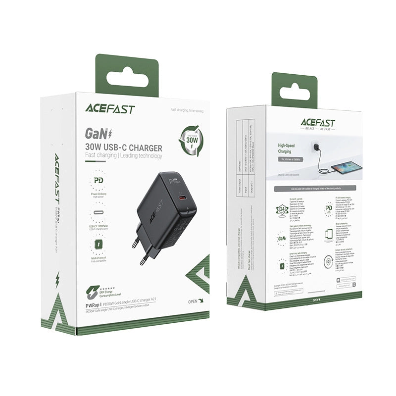 Acefast GaN USB Typ C Wandladegerät 30 W, PD, QC 3.0, AFC, FCP schwarz (A21 schwarz)