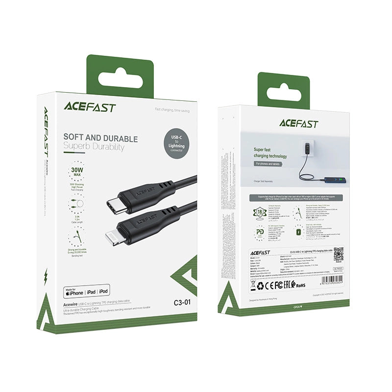 Acefast Kabel MFI USB Typ C - Lightning 1,2m, 30W, 3A schwarz (C3-01 schwarz)