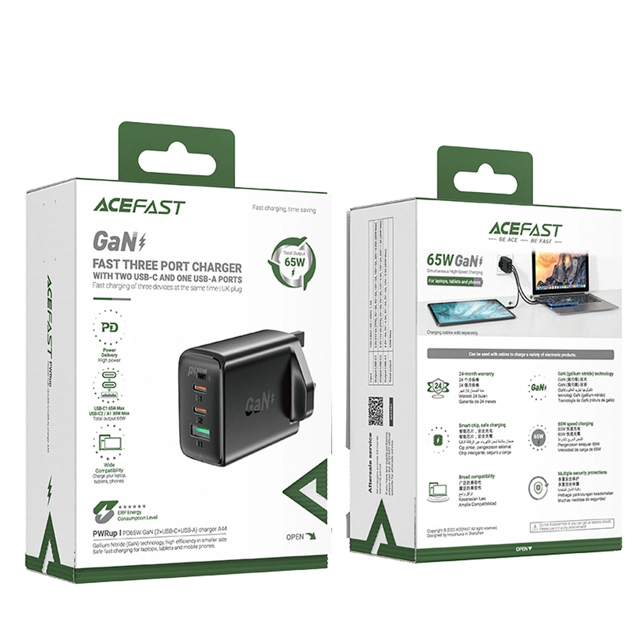 Acefast Ladegerät GaN 65W 3 Ports (1xUSB, 2xUSB C PD) UK Stecker schwarz (A44)