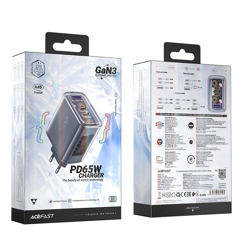 Acefast Ladegerät GaN 65W 3 Ports (1xUSB, 2xUSB C) grau (A45)