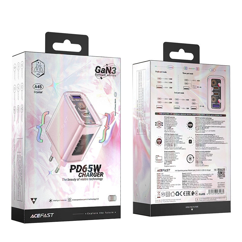 Acefast Ladegerät GaN 65W 3 Ports (1xUSB, 2xUSB C) rosa (A45)