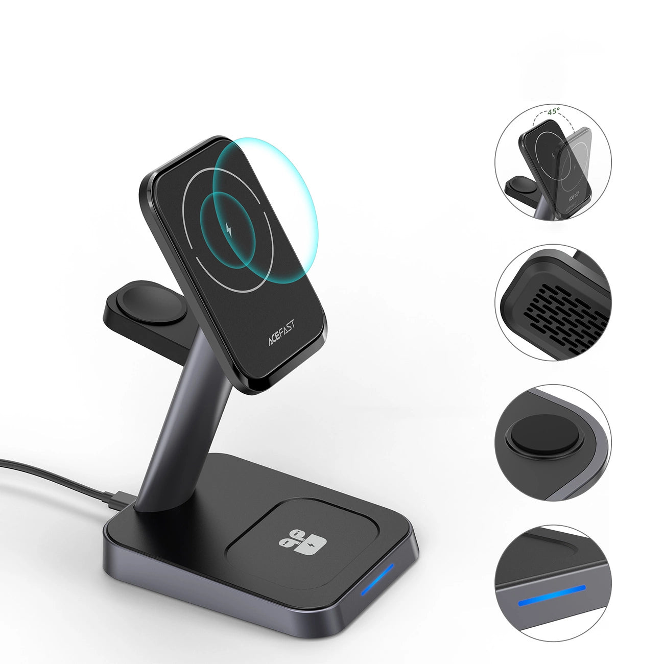 Acefast Qi Wireless Charger 15W für iPhone (mit MagSafe), Apple Watch und Apple AirPods Standhalterung Magnethalter schwarz (E3 schwarz)
