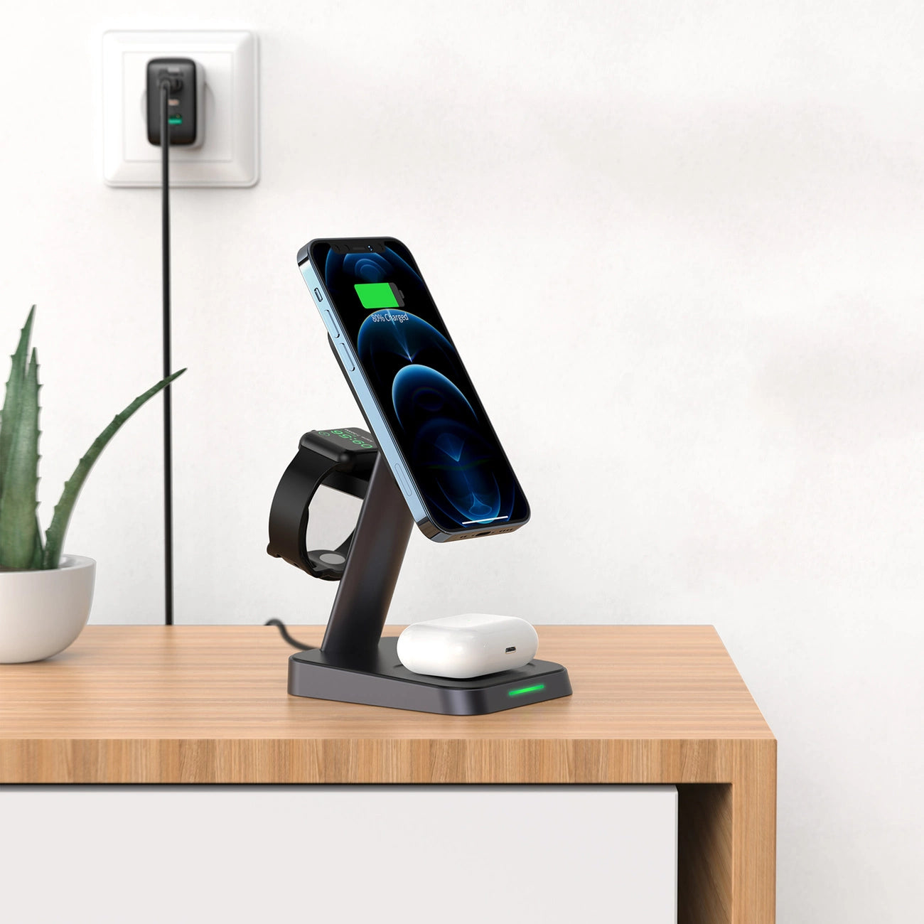 Acefast Qi Wireless Charger 15W für iPhone (mit MagSafe), Apple Watch und Apple AirPods Standhalterung Magnethalter schwarz (E3 schwarz)