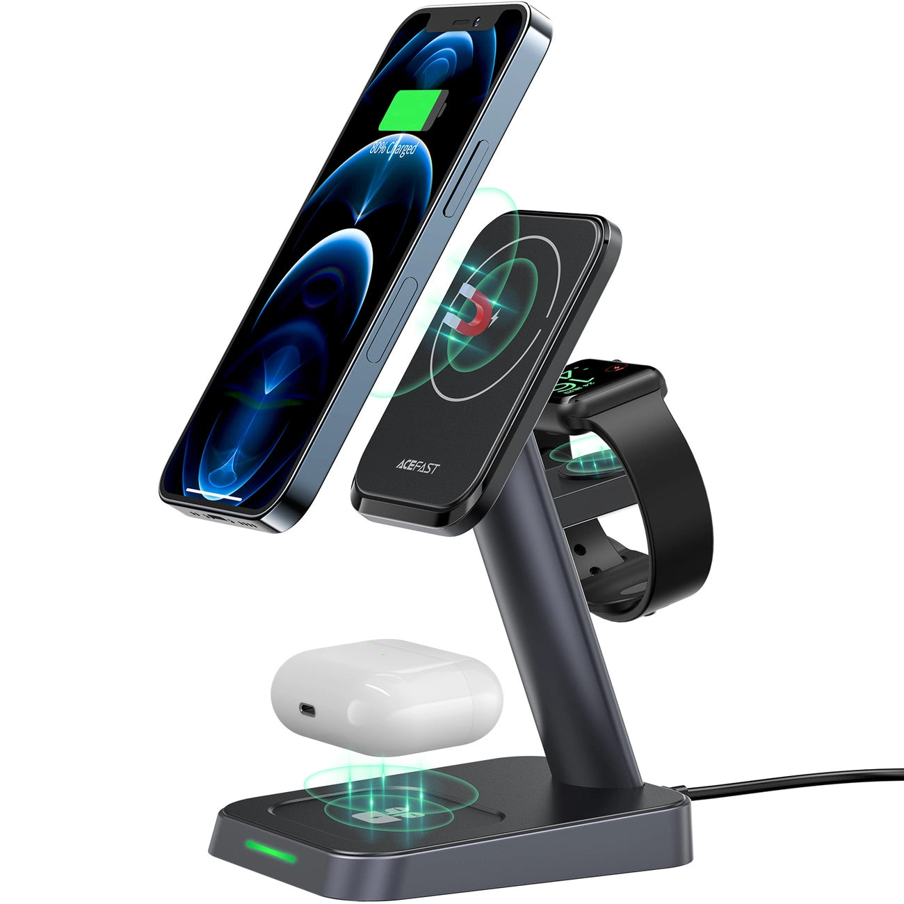 Acefast Qi Wireless Charger 15W für iPhone (mit MagSafe), Apple Watch und Apple AirPods Standhalterung Magnethalter schwarz (E3 schwarz)