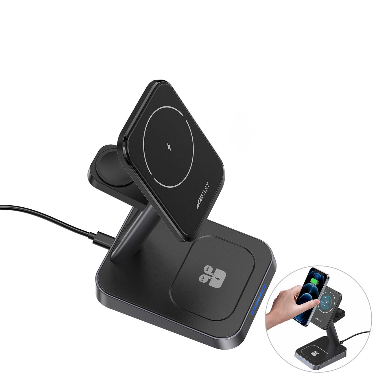 Acefast Qi Wireless Charger 15W für iPhone (mit MagSafe), Apple Watch und Apple AirPods Standhalterung Magnethalter schwarz (E3 schwarz)