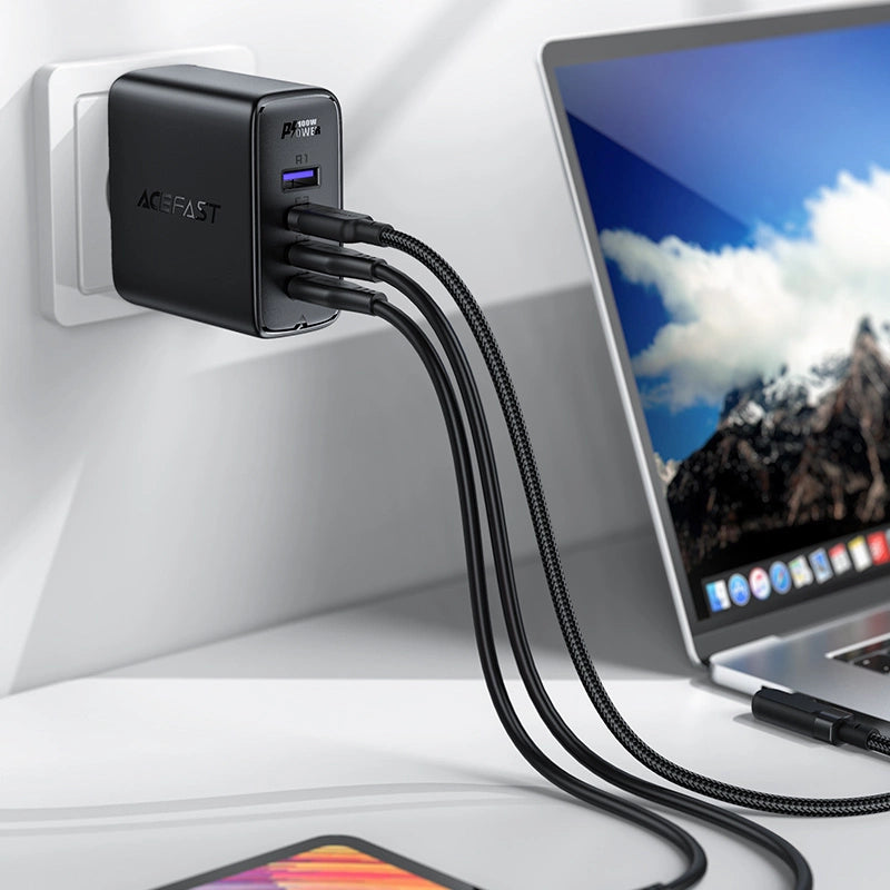 Acefast Schnellladegerät GaN 3xUSB-C/1xUSB-A 100W schwarz + abgewinkeltes Kabel USB-C - USB-C 100W 2m schwarz