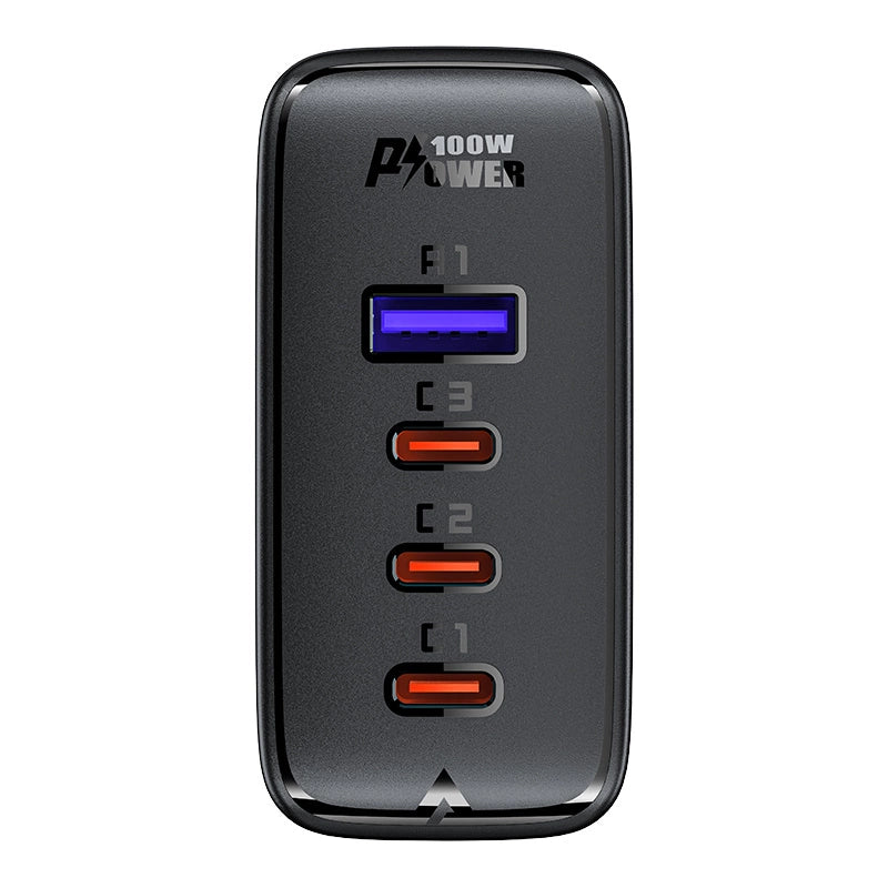 Acefast Schnellladegerät GaN 3xUSB-C/1xUSB-A 100W schwarz + abgewinkeltes Kabel USB-C - USB-C 100W 2m schwarz
