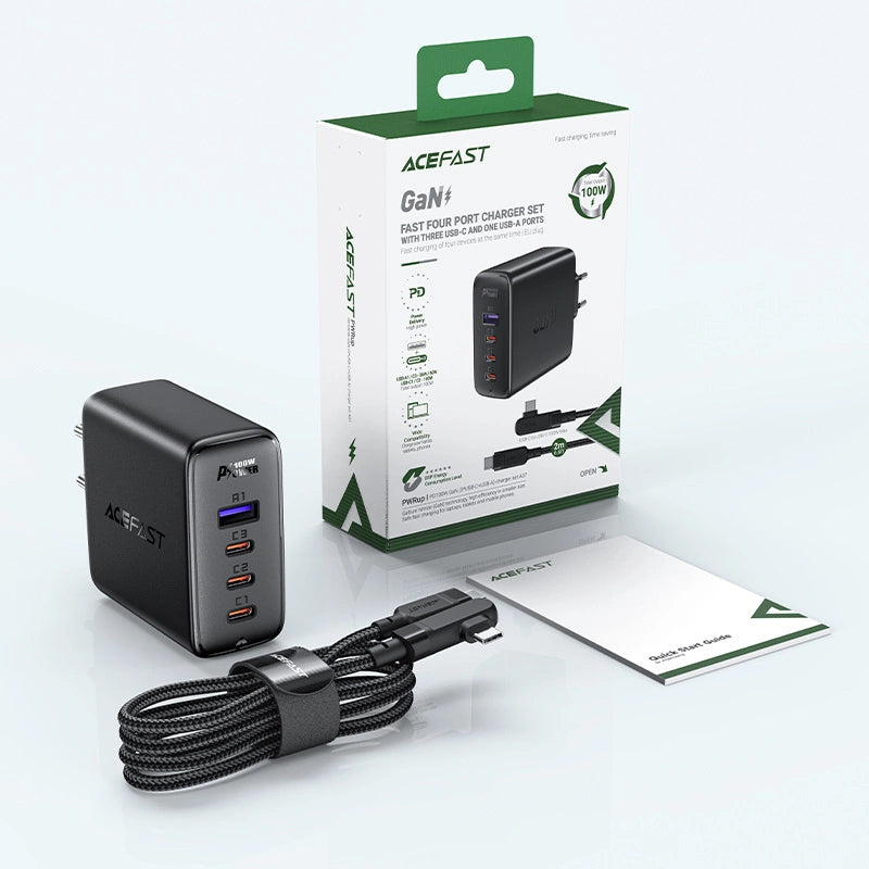 Acefast Schnellladegerät GaN 3xUSB-C/1xUSB-A 100W schwarz + abgewinkeltes Kabel USB-C - USB-C 100W 2m schwarz