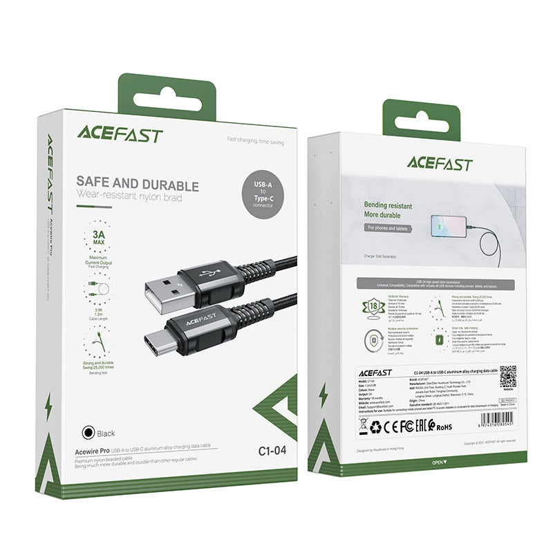 Acefast USB-Kabel - USB Typ C 1,2 m, 3 A schwarz (C1-04 schwarz)