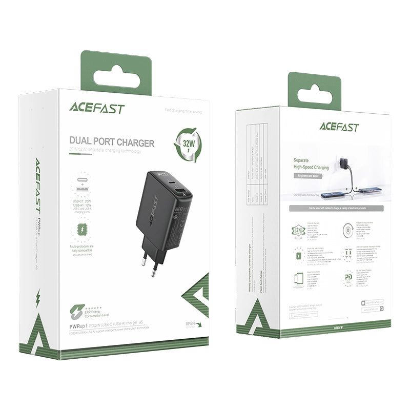 Acefast Wandladegerät USB Typ C / USB 32W, PPS, PD, QC 3.0, AFC, FCP schwarz (A5 schwarz)