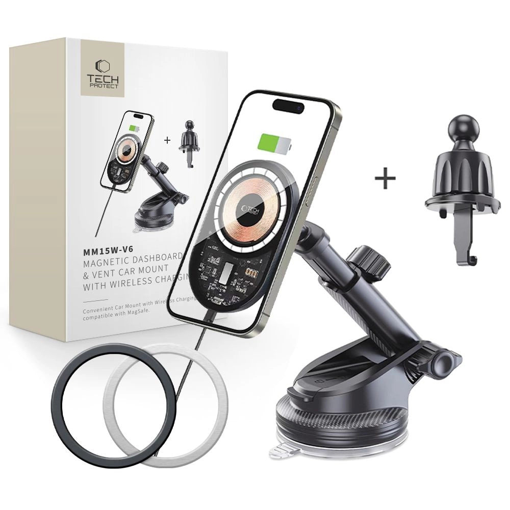 Autohalterung mit 15W Tech-Protect MM15W-V6 Ladegerät mit MagSafe für Armaturenbrett und Lüftungsschlitze – Schwarz