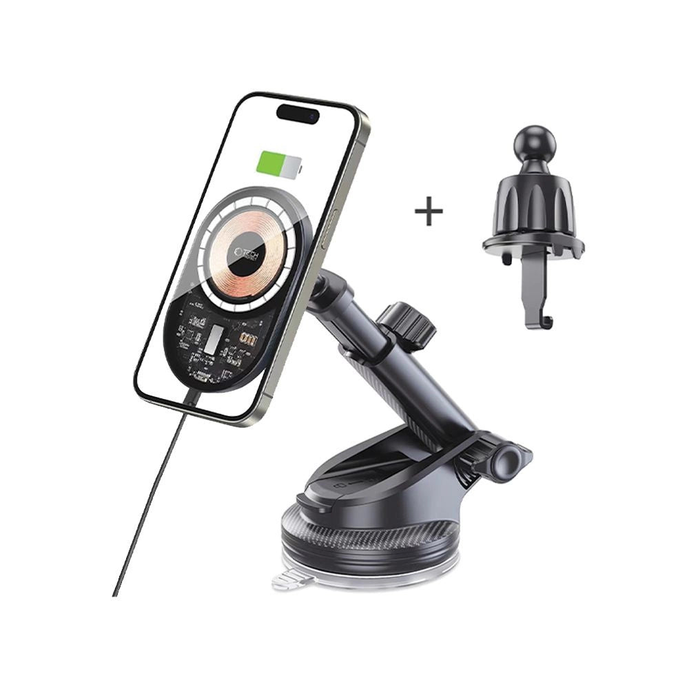 Autohalterung mit 15W Tech-Protect MM15W-V6 Ladegerät mit MagSafe für Armaturenbrett und Lüftungsschlitze – Schwarz