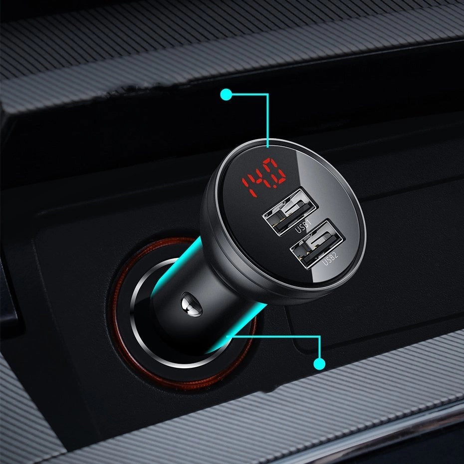 Baseus Autoladegerät 2x USB 4,8A 24W mit LCD + 3ins1 Kabel USB - USB Typ C / micro USB / Lightning schwarz (TZCCBX-0G)