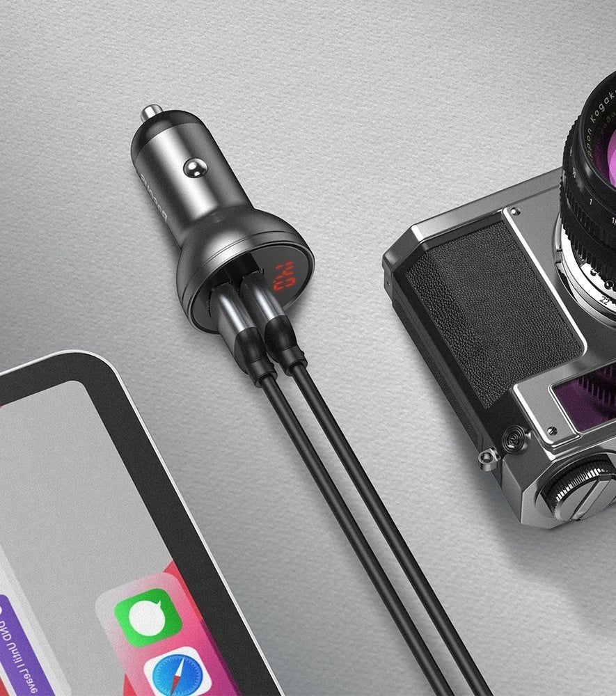 Baseus Autoladegerät 2x USB 4,8A 24W mit LCD + 3ins1 Kabel USB - USB Typ C / micro USB / Lightning schwarz (TZCCBX-0G)