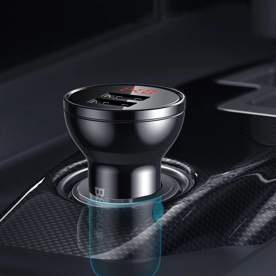 Baseus Autoladegerät 2x USB 4,8A 24W mit LCD + 3ins1 Kabel USB - USB Typ C / micro USB / Lightning schwarz (TZCCBX-0G)