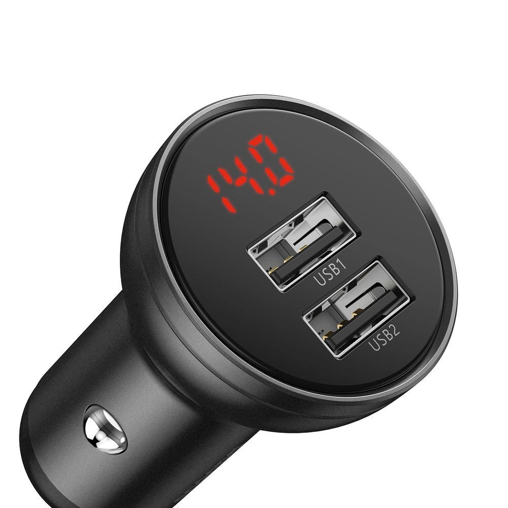 Baseus Autoladegerät 2x USB 4,8A 24W mit LCD + 3ins1 Kabel USB - USB Typ C / micro USB / Lightning schwarz (TZCCBX-0G)