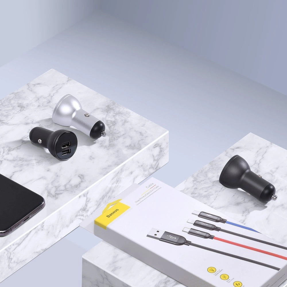 Baseus Autoladegerät 2x USB 4,8A 24W mit LCD + 3ins1 Kabel USB - USB Typ C / micro USB / Lightning schwarz (TZCCBX-0G)