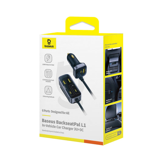 Baseus BackseatPal L1 110W Autoladegerät 3 x USB-A + 3 x USB-C mit 1,5m Verlängerungskabel - Schwarz
