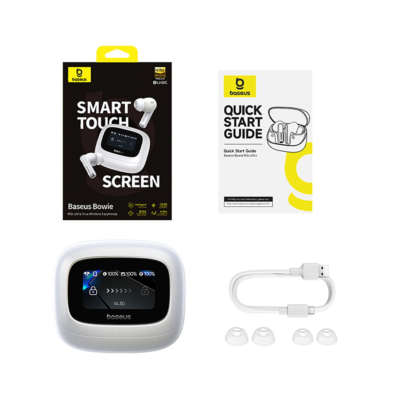 Baseus Bowie M2s Ultra TWS Kabellose In-Ear-Kopfhörer mit interaktivem Bildschirm – Weiß