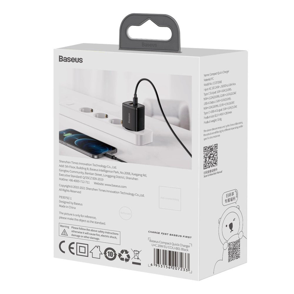 Baseus Compact Schnellladegerät USB / USB Type C 20W 3A Power Delivery Quick Charge 3.0 schwarz (CCXJ-B01)
