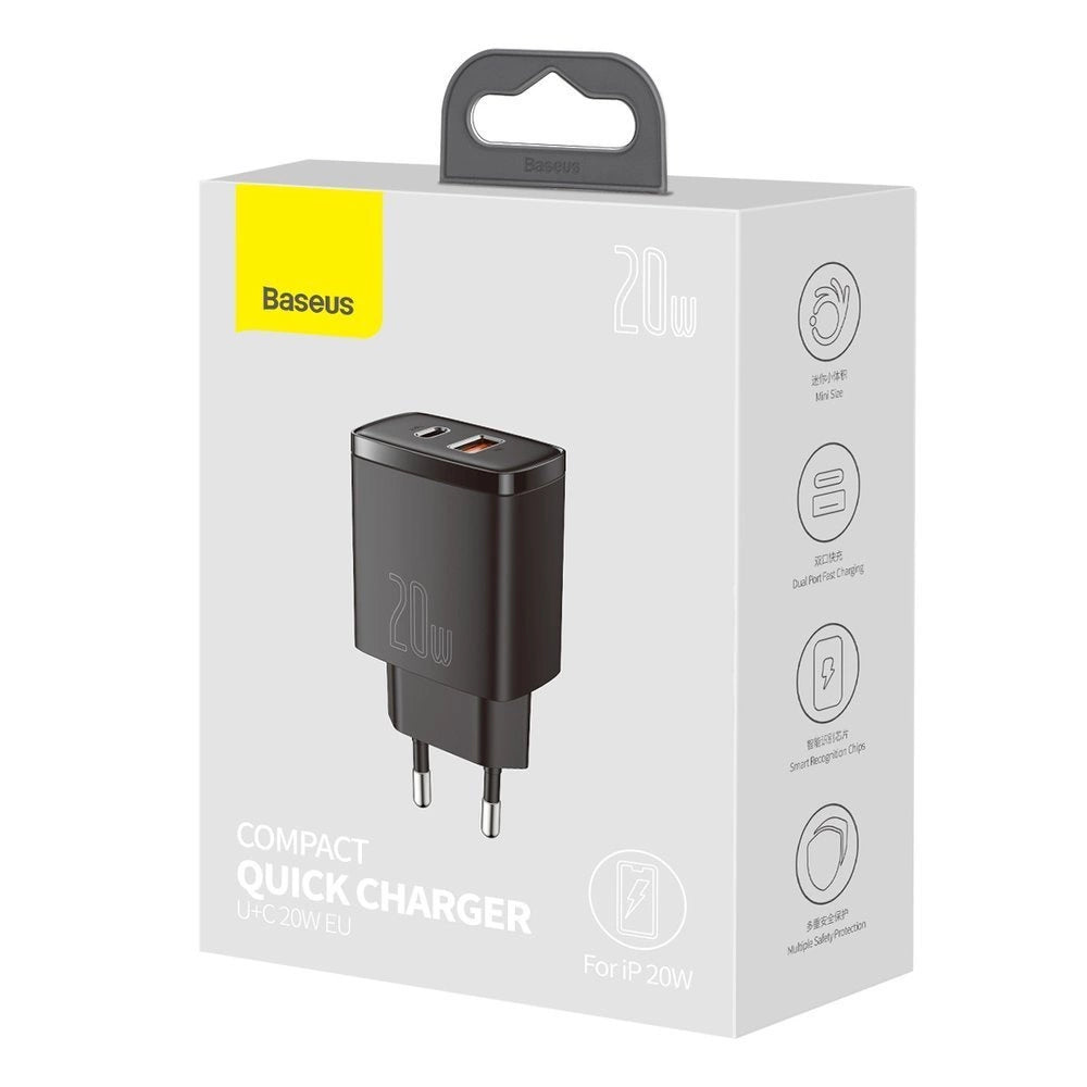 Baseus Compact Schnellladegerät USB / USB Type C 20W 3A Power Delivery Quick Charge 3.0 schwarz (CCXJ-B01)