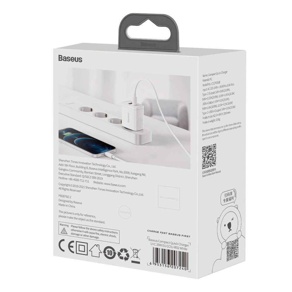 Baseus Compact Schnellladegerät USB / USB Type C 20W 3A Power Delivery Quick Charge 3.0 weiß (CCXJ-B02)