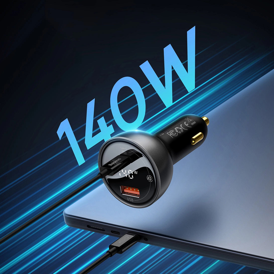 Baseus Digital Display Fast Car Charger USB-A / USB-C PD3.1 140W schwarz + USB-C Kabel Baseus Superior Series 5A 240W 1m schwarz (CGZX070001)