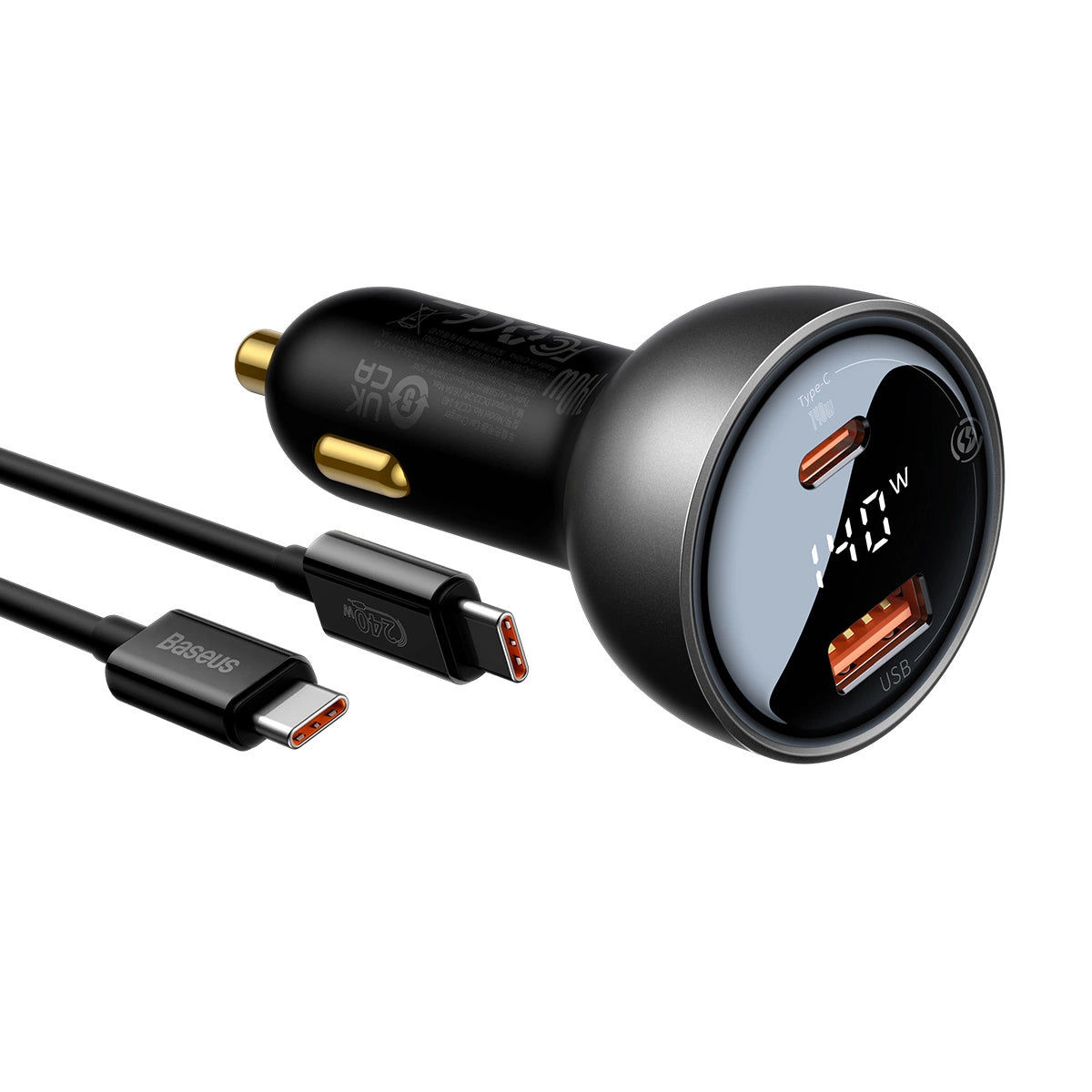 Baseus Digital Display Fast Car Charger USB-A / USB-C PD3.1 140W schwarz + USB-C Kabel Baseus Superior Series 5A 240W 1m schwarz (CGZX070001)