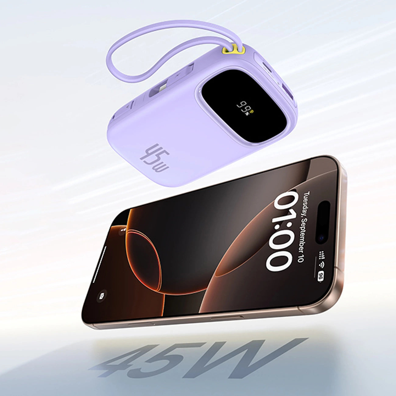 Baseus EnerFill FC31 20000mAh 45W Powerbank mit Display, USB-C- und Lightning Kabeln – Lila