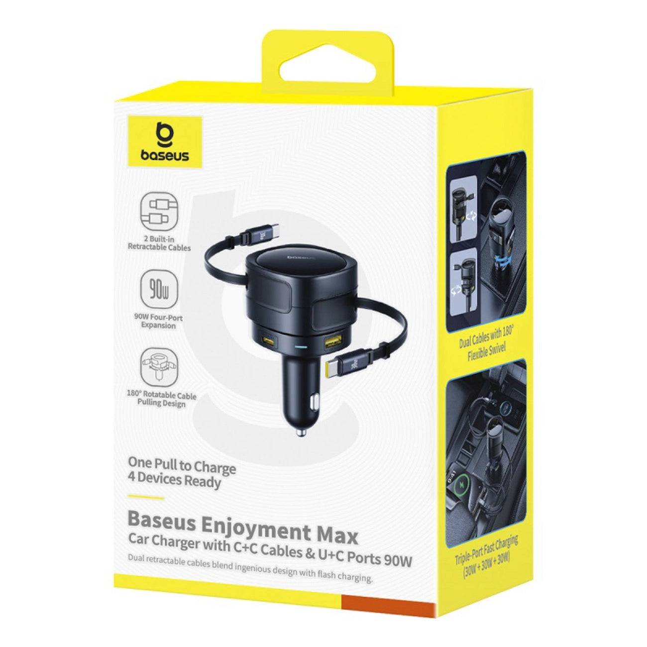 Baseus Enjoyment Max 90W Autoladegerät 2 x USB-C + USB-A + USB-C Kabel - Schwarz