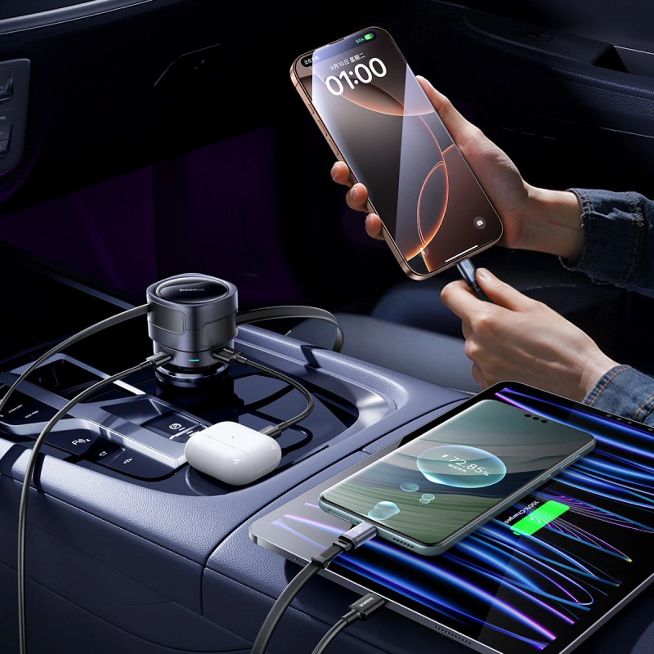 Baseus Enjoyment Max 90W Autoladegerät 2 x USB-C + USB-A + USB-C Kabel - Schwarz