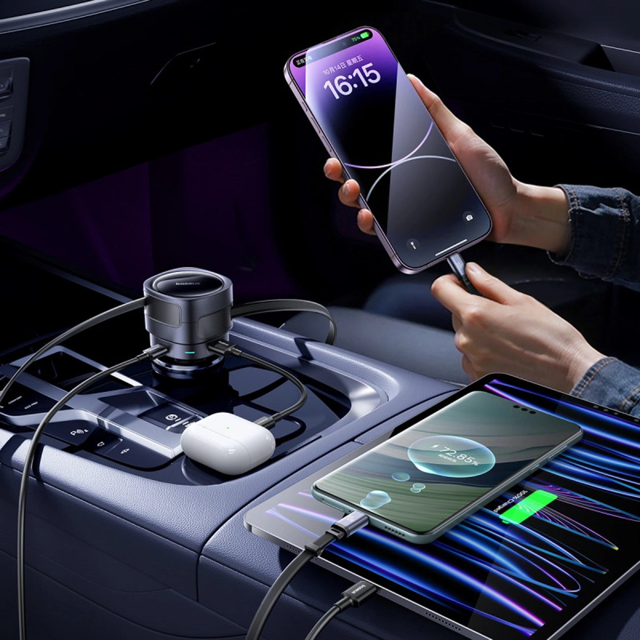 Baseus Enjoyment Max 90W Autoladegerät 2x USB-C + USB-C und Lightning Kabel - Schwarz