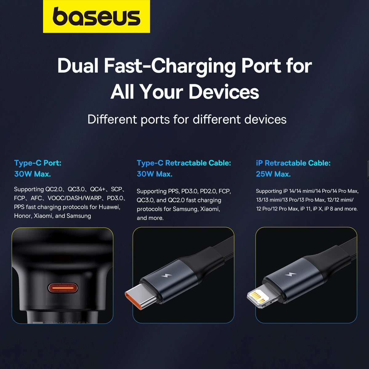 Baseus Enjoyment Pro USB-C (weiblich) / Lightning (männlich) 60W Autoladegerät - Schwarz