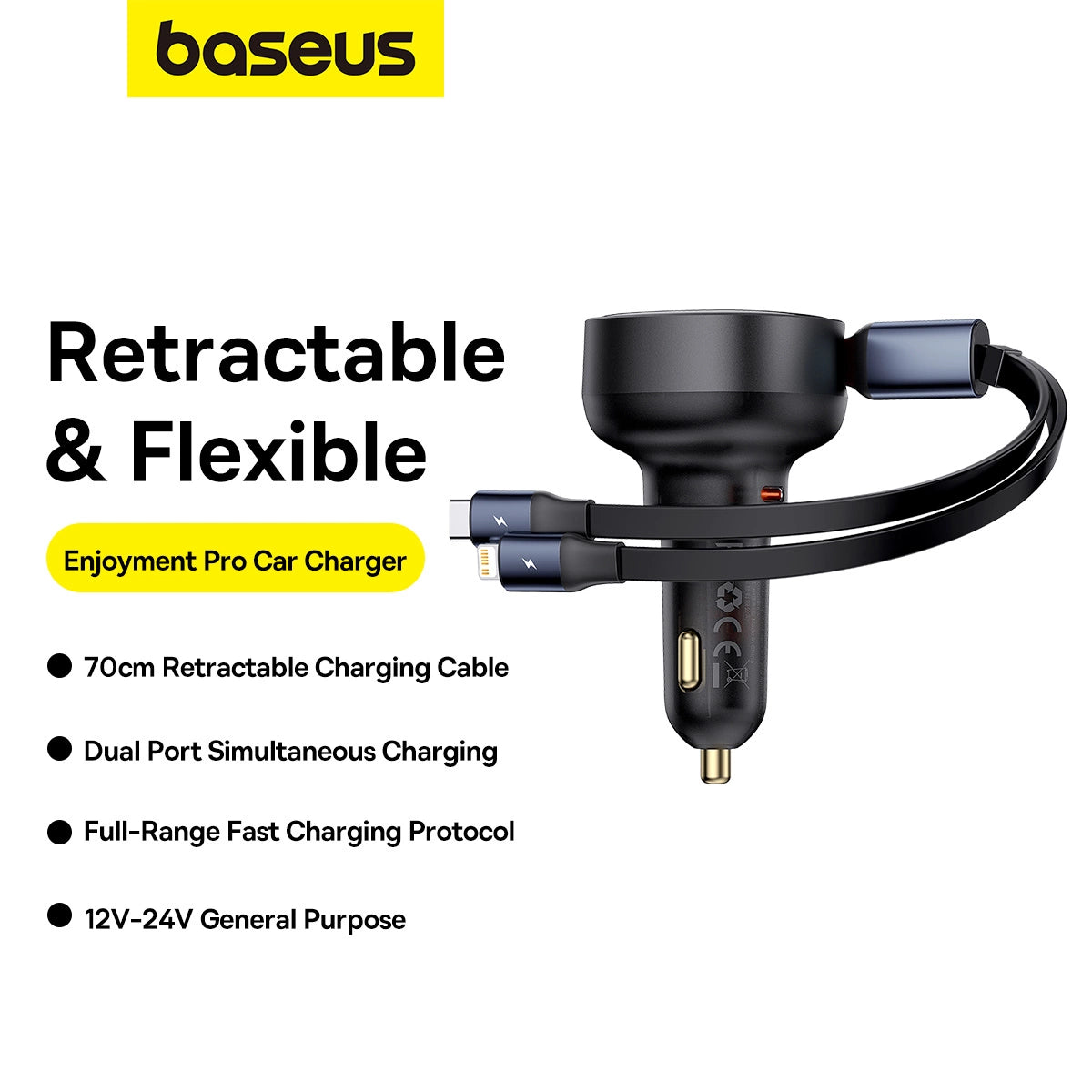 Baseus Enjoyment USB-C-Autoladegerät mit USB-C/ Lightning -60-W-Kabel – Schwarz
