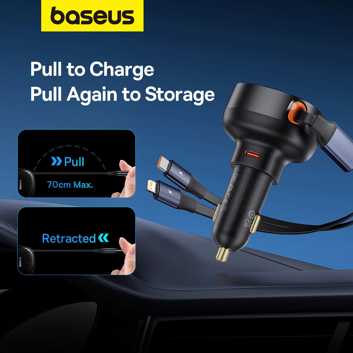 Baseus Enjoyment USB-C-Autoladegerät mit USB-C/ Lightning -60-W-Kabel – Schwarz