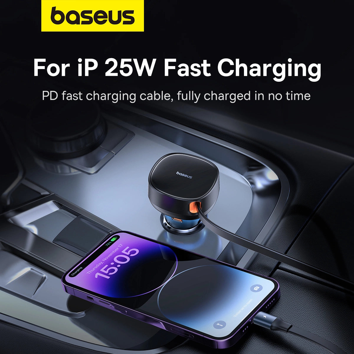 Baseus Enjoyment USB-C-Autoladegerät mit USB-C/ Lightning -60-W-Kabel – Schwarz