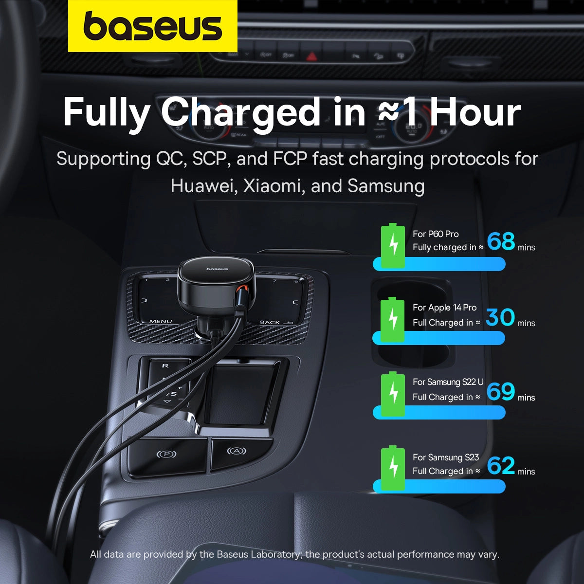 Baseus Enjoyment USB-C-Autoladegerät mit USB-C/ Lightning -60-W-Kabel – Schwarz
