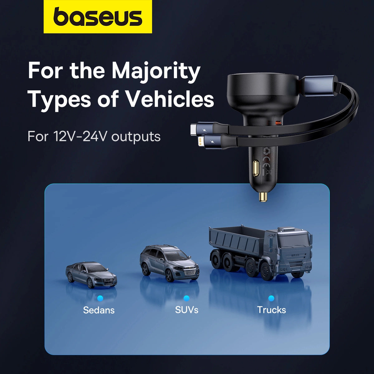 Baseus Enjoyment USB-C-Autoladegerät mit USB-C/ Lightning -60-W-Kabel – Schwarz