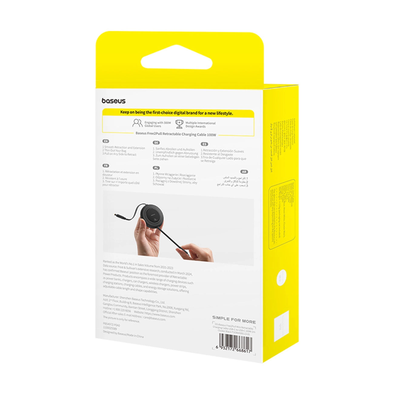 Baseus Free2Pull Mini 100W Einziehbares USB-C-Kabel – USB-C 2 m – Schwarz