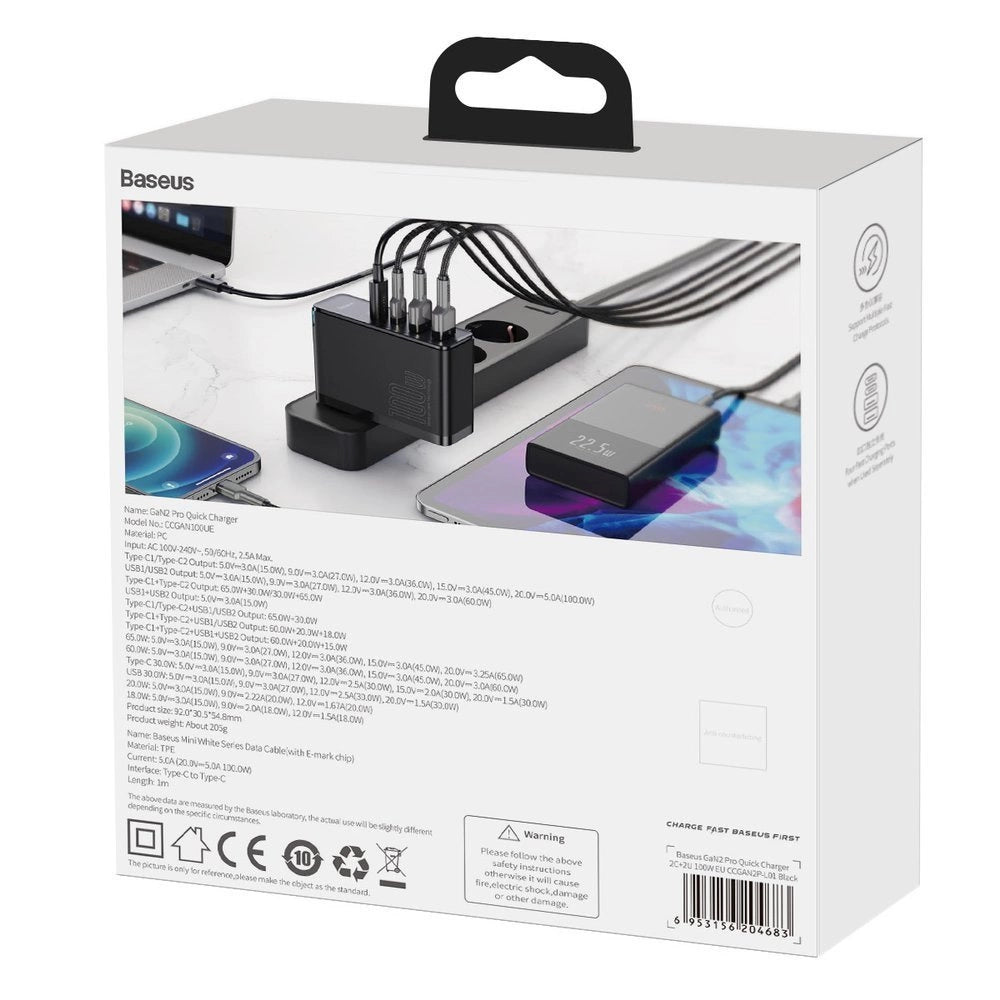 Baseus GaN2 Pro Schnellladegerät 100W USB / USB Typ C Quick Charge 4+ Power Delivery Schwarz (CCGAN2P-L01)