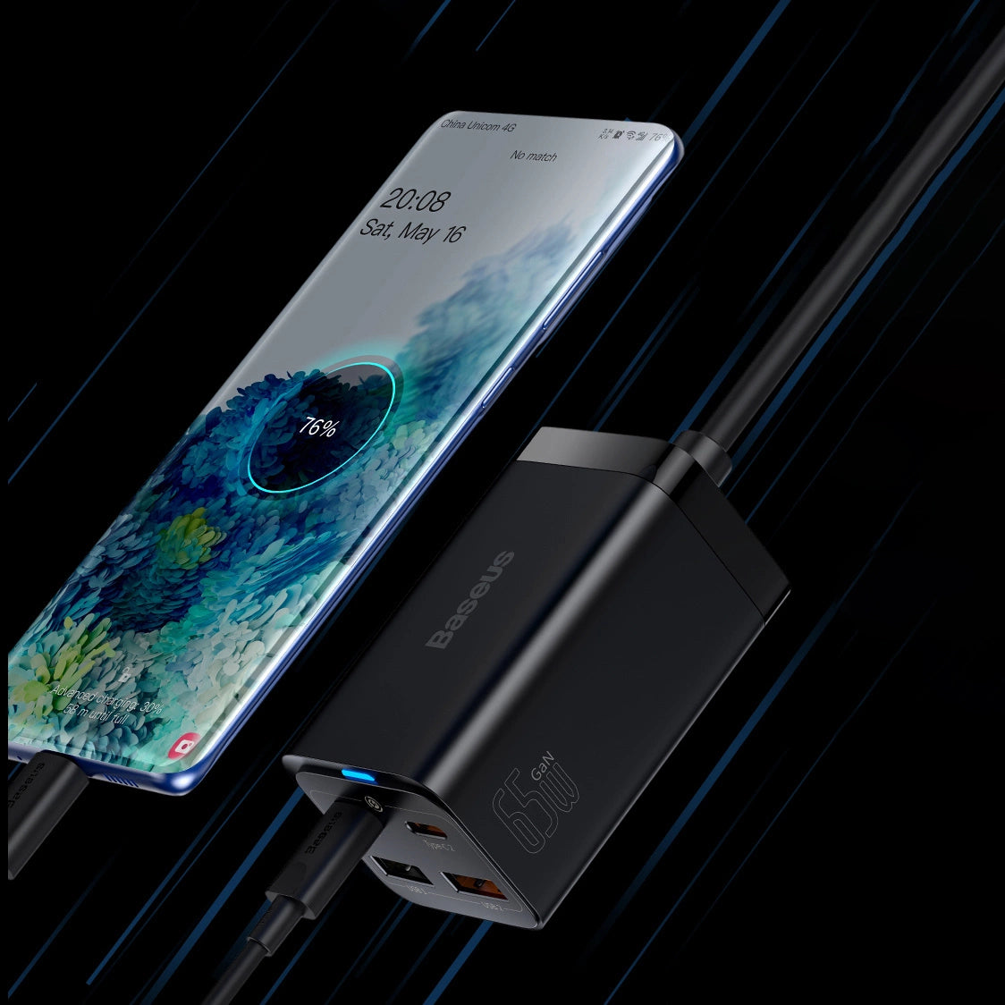 Baseus GaN3 Pro Schnellladegerät GaN 2 x USB Typ C / 2 x USB 65W PD, QC4.0+, AFC, PPS + Kabel USB Typ C - USB Typ C 1m schwarz (CCGP040101)