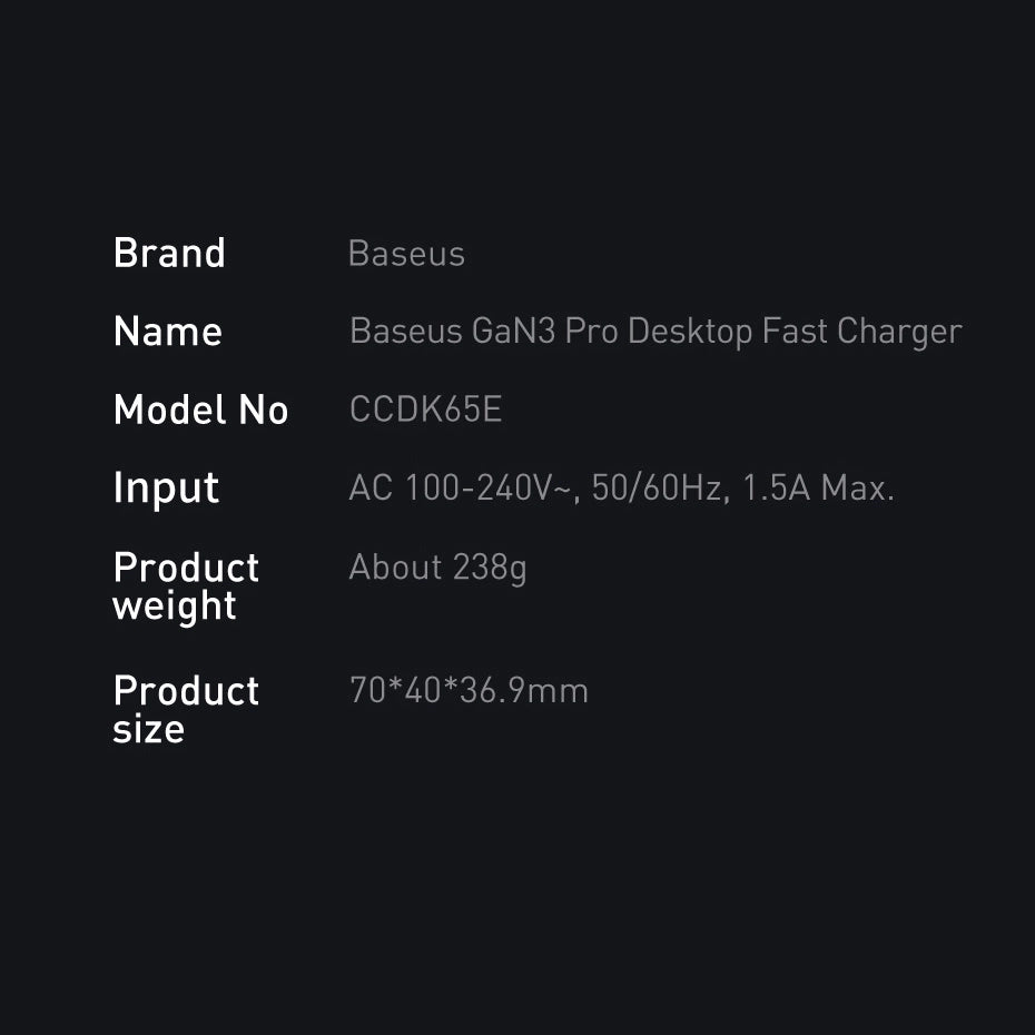 Baseus GaN3 Pro Schnellladegerät GaN 2 x USB Typ C / 2 x USB 65W PD, QC4.0+, AFC, PPS + Kabel USB Typ C - USB Typ C 1m schwarz (CCGP040101)