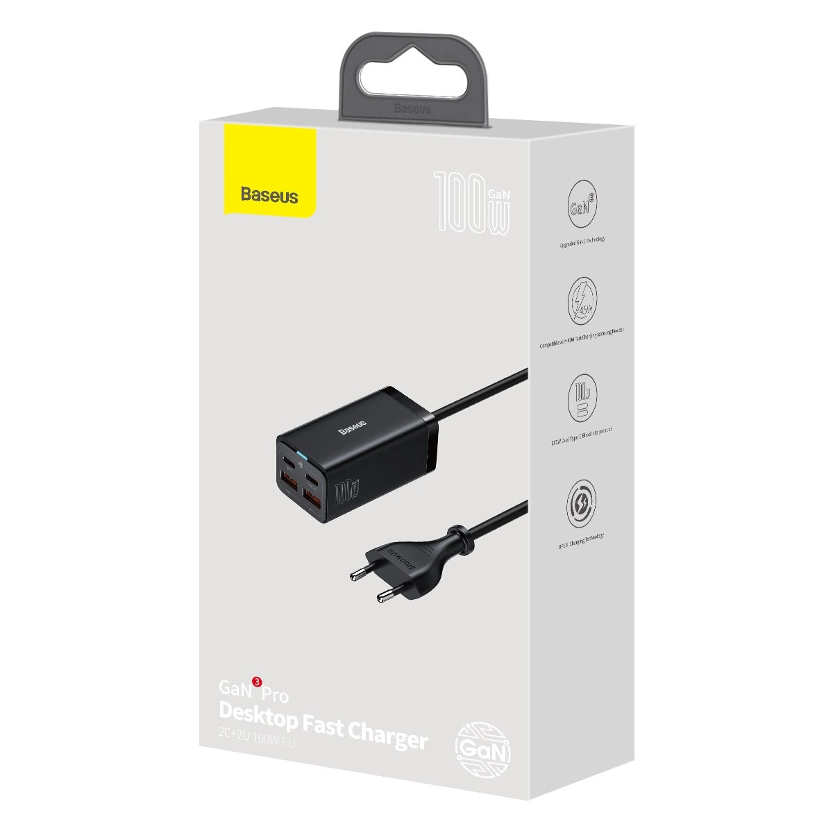 Baseus GaN3 Pro schnelles universelles GaN-Ladegerät 2 x USB Typ C / 2x USB 100W PD3.0, QC4.0+, AFC schwarz (CCGP000101)